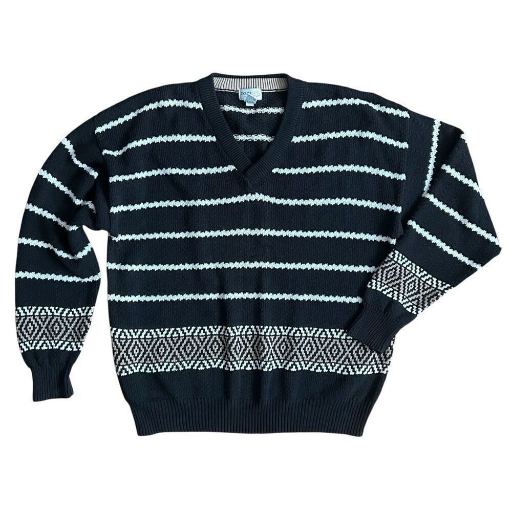 Vintage Izod Club Men’s Sweater Black Tan White Pattern V neck XL 100% Cotton